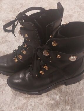 Karl Lagerfeld Black Leather Lace-Up Combat Boots with Gold and Pearl Accents